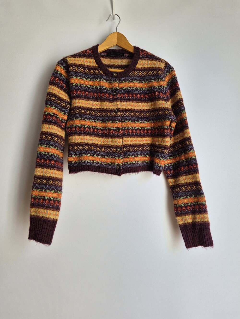 Zara Fair Isle Cropped Wool Blend Cardigan Sweater Size L Whimsigoth Boho Retro